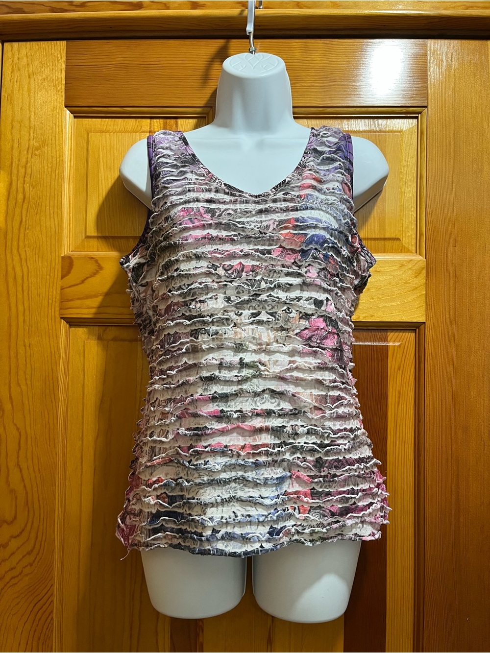 Textured Ruffle Tank Top in Pink Multi-Color